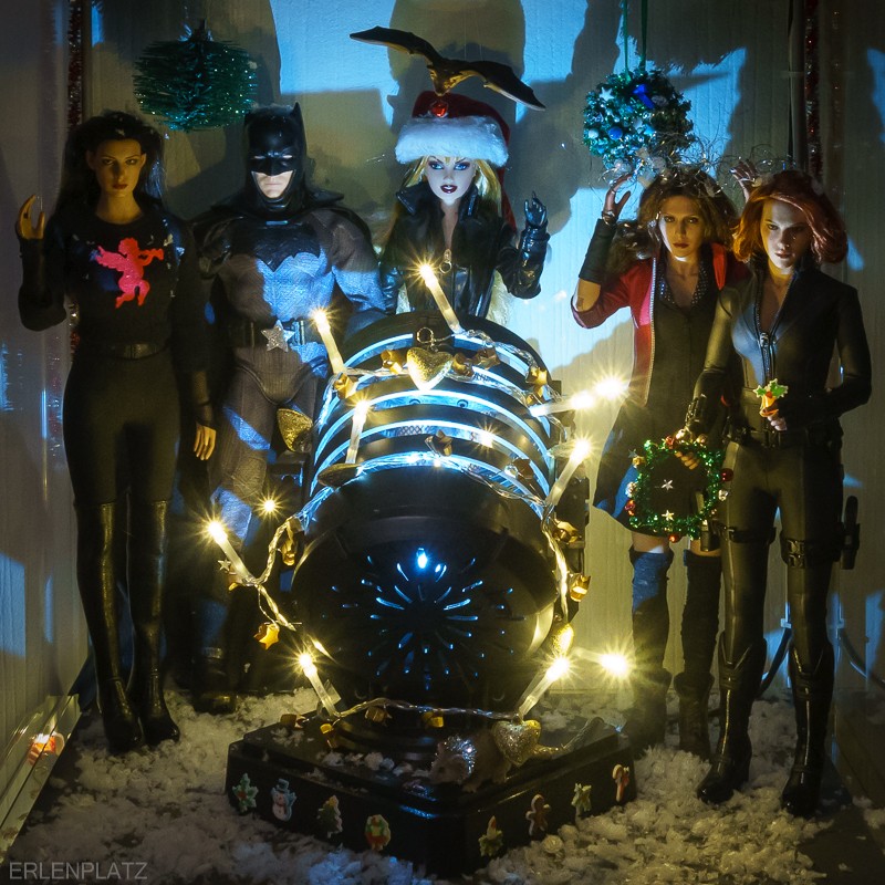 Selina (Catwoman), Bruce (Batman), Dinah Black Canary), Wanda (Scarlet Witch) und Natascha (Black Widow) stehen um die geschmückte Batsignal und winken in die Kamera.